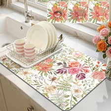 Dish Drying Mat for Kitchen Counter, 12"x20" Absorbent Coffee Bar Mat with Pink