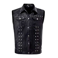 Men's Black Leather Motorcycle Vest with Chrome Studs, Classic Biker Cut