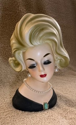 Napco RARE LARGE 8.5'' Vintage Lady Head Vase Blonde Pearl Necklace MCM C6985