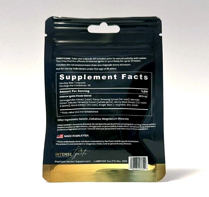 Intense'Ignite Fast Acting Male Performance Supplement-20Pills | 650mg Extreme