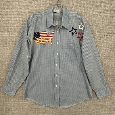 Vtg Shane Lee Inc. Button-Up Womens L Blue Gingham Patriotic Embroidered USA