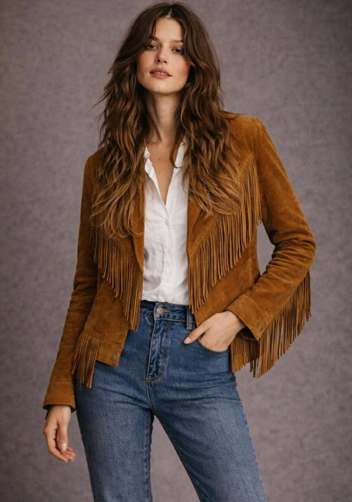 Women Suede Leather Genuine, Vintage Jacket Western Style With Fringes New
