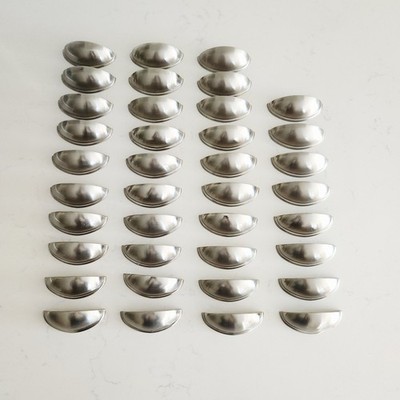 (38) 3'' Vtg Cabinet Drawer Cup Pulls Brushed Silver Half Oval Cottage Kitchen