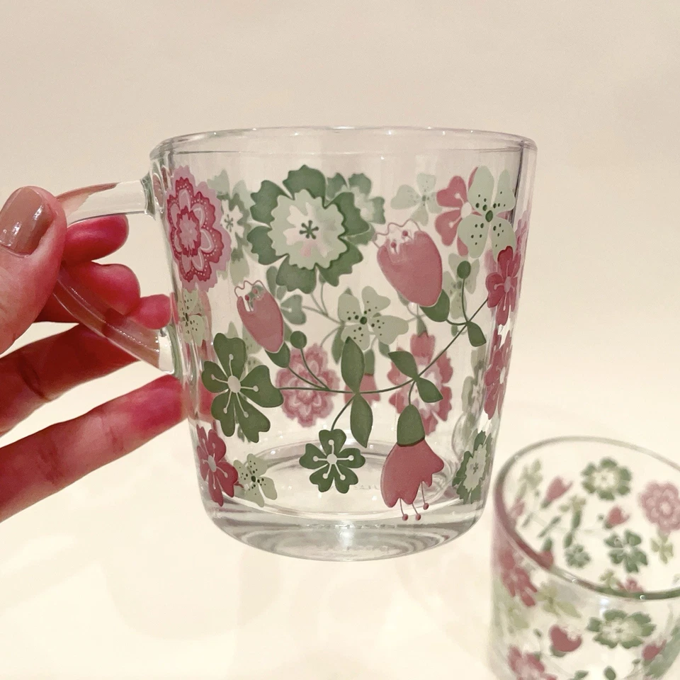 Pair Of IKEA Glass Pink & Green Floral Coffee Mugs Retro Made In France Exc Con - image 2 of 4