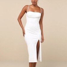 Lulus Upscale Flirt Ivory Rhinestone Sleeveless Bodycon Midi Dress Size L