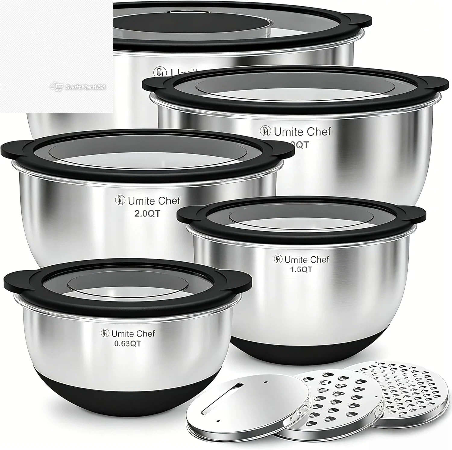 Stainless Steel Mixing Bowls Set with Lids 5pc Black Nesting Kitchen Prep Bowls