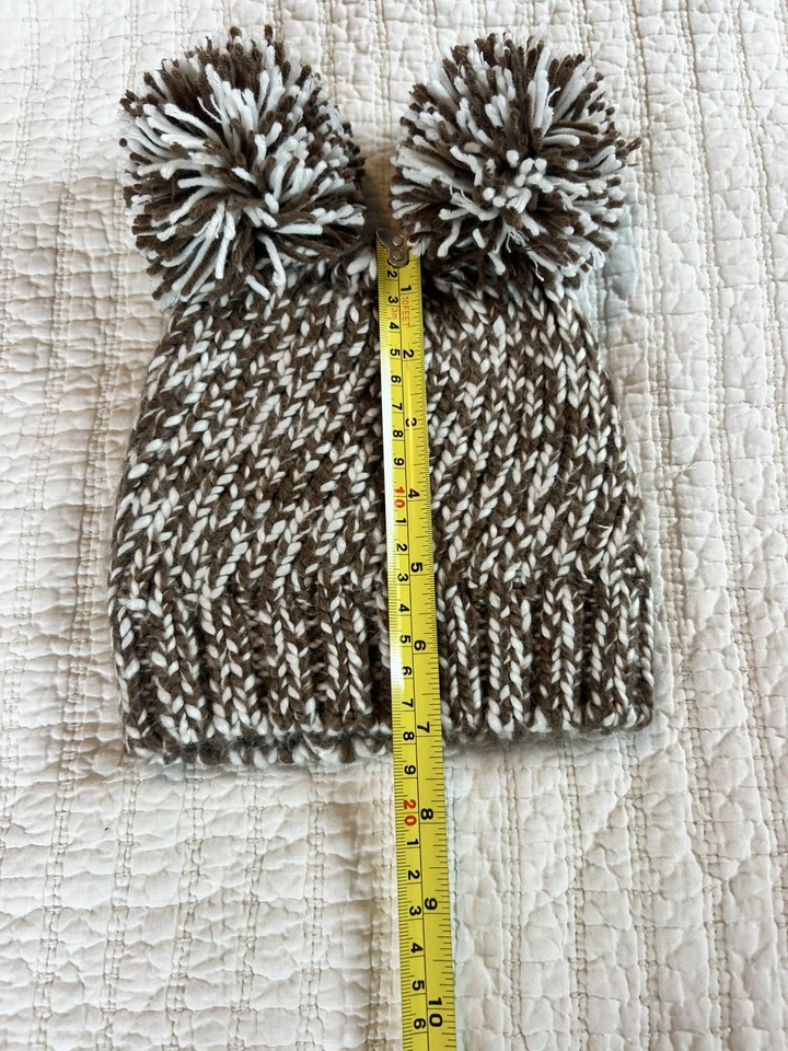 Gorro tejido de invierno marrón jaspeado para bebé pequeño 2 pompones talla S/M 2T Foto 4 de 4