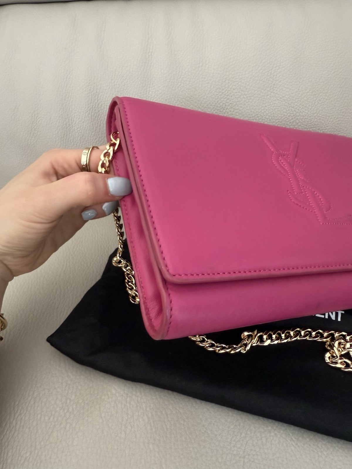 Autentica pochette YSL Saint Laurent rosa logo Belle Du Jour tracolla catena