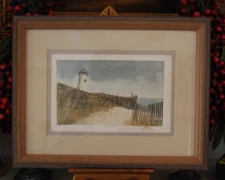 VTG FRAMED FRANK KACZMAREK SIGNED A/P COLORED ETCHING "STORM FENCE" LIGHTHOUSE