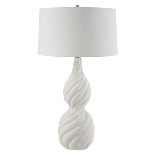 Elegant Twisted Ceramic Swirl Chalk White Table Lamp 32 in Gourd Shape Ribbed - Picture 4 of 7