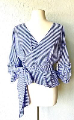NEW Forever 21 Contemporary Wrap Shirt Blue White Stripe Ruffle