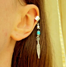 Turquoise Ear Cuff Earring Silver Feather Cartilage Wrap Native American Style