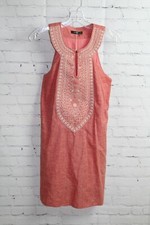 A ~ NWOT ~ Theme Red Summer Dress 65% Cotton 35% Linen Sleeveless V Neck Sz Med