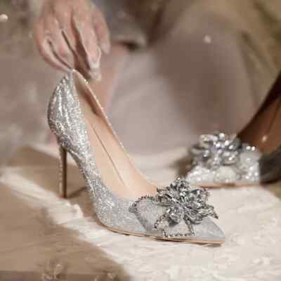Pumps Damenschuhe 10 CM Silber Schmuckstück Elegant Leder Kunststoff 85694