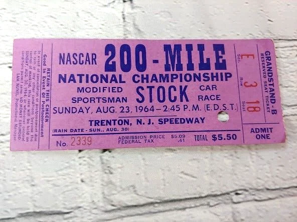 1964 Nascar National Championship Trenton NJ Stock Car Race 200 Mile Full Ticket - Image 3 of 4