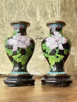 Pair Of Vintage Chinese Cloisonne Black Vase 10cm (with stand) Lotus Flowers