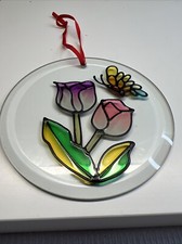 Vintage Painted Stain Glass Hanging Sun Catcher Roses Butterfly