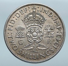 1943 Great Britain United Kingdom King George VI SILVER 2 SHILLING Coin i85204