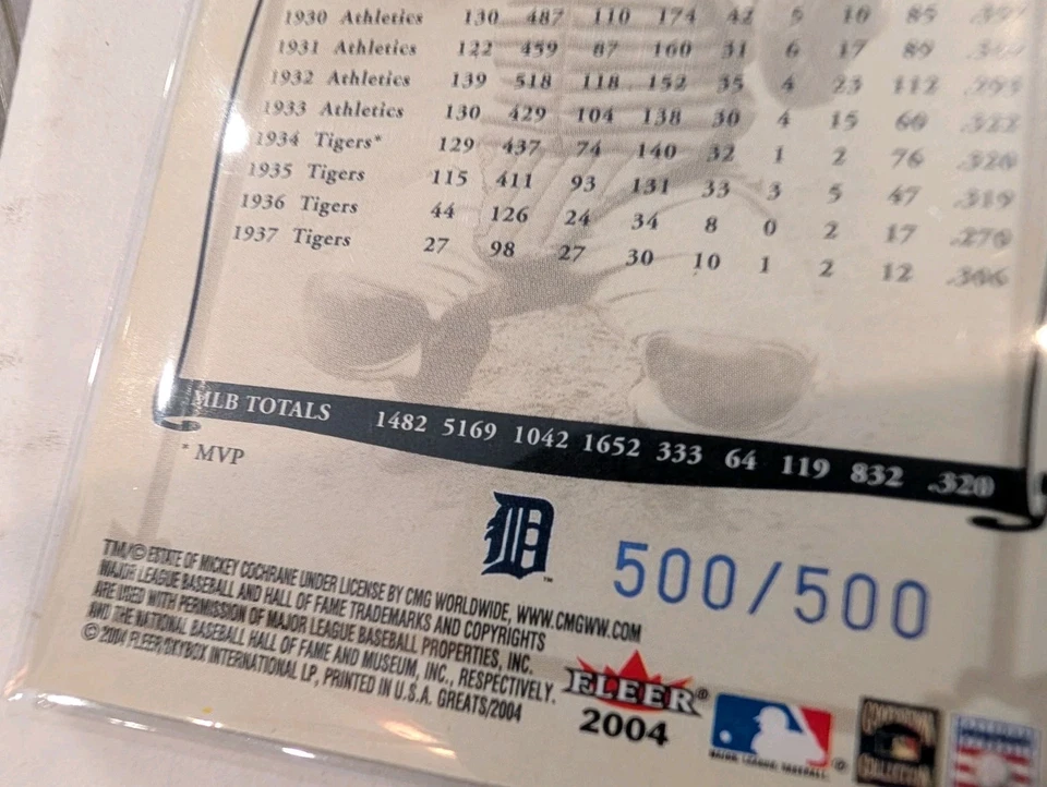 Fleer Greats 2004 azul Mickey Cochrane #8 Detroit Tigers 500/500 Foto 3 de 3