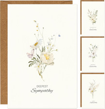4 Pack Watercolor White WildFlower Sympathy Cards with Envelopes Sealed 4 Assort