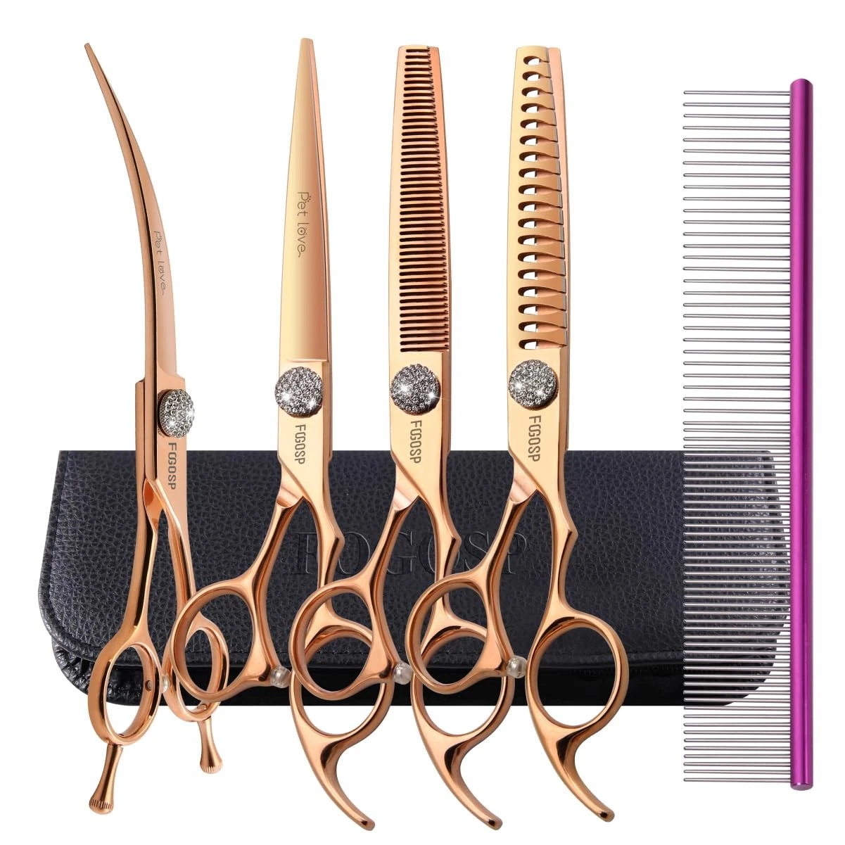 FOGOSP 7'' Dog Grooming Scissors Set Rose Gold Titanium 4PCS Curved Thinning ...