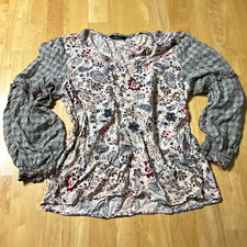 Women's Floral V-Neck Long Sleeve Ruffle Pullover Blouse Top Size M