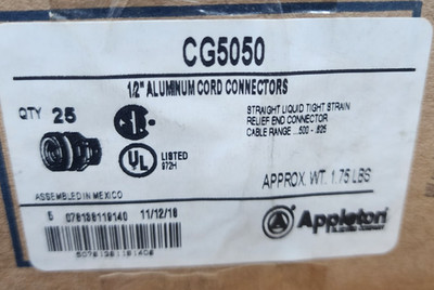   25) NEW APPLETON 1/2'' ALUMINUM CORD CONNECTORS LIQUID TIGHT CG5050 LOT OF 25