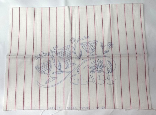 Adeline Stamped Embroidery Glass Towel No. 67 Red Striped Cotton 24"x16" Vintage