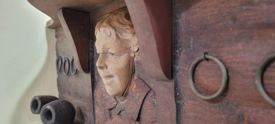 Vintage Pipe Holder Wall Carved Peacan Maple 1890s Mission Art Crafts Walnut ? - Image 3 of 4