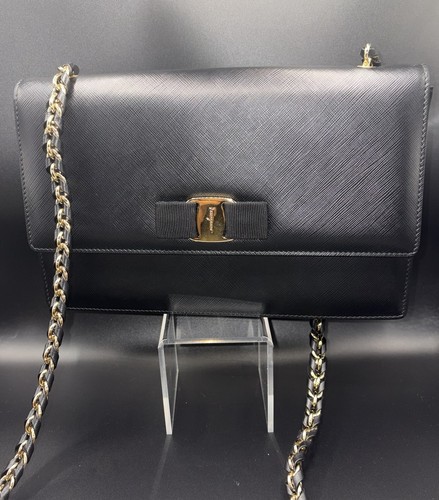 Salvatore Ferragamo Ginny Medium Black Leather W/LegitApp COA **Microchipped**