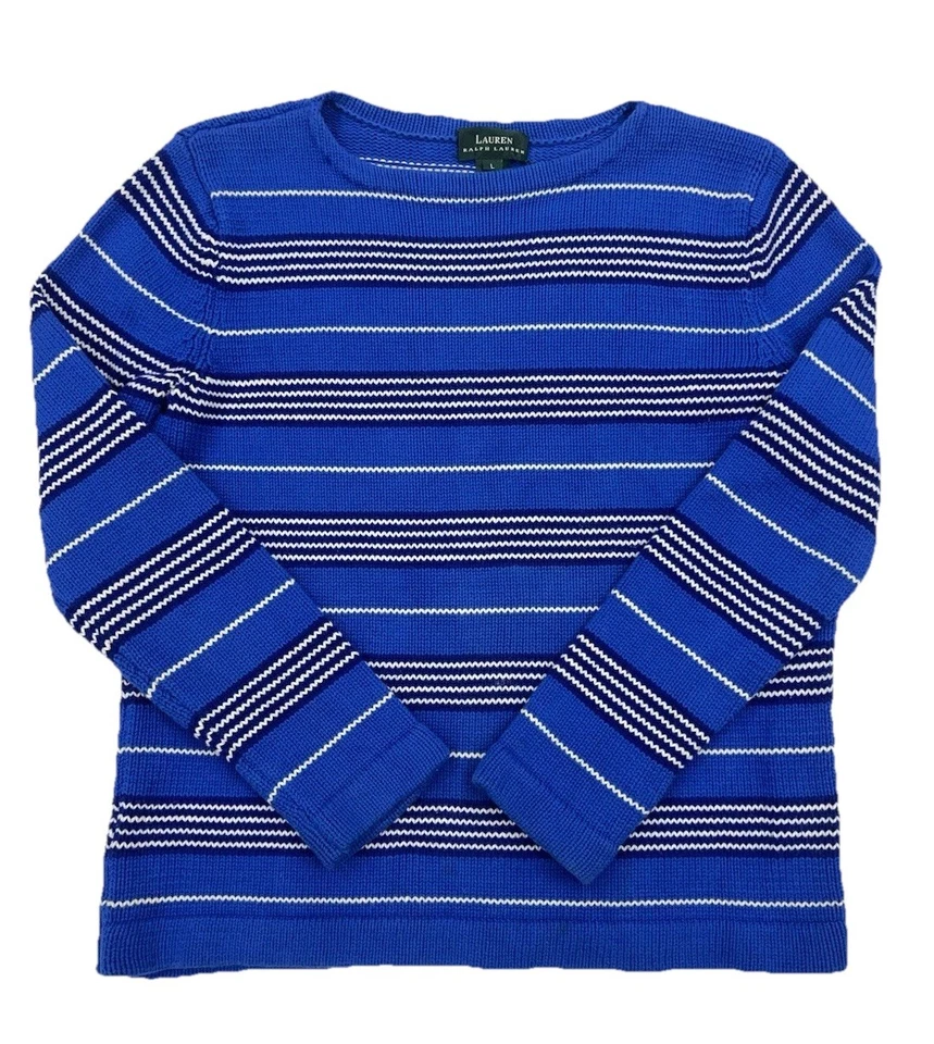 Suéter De Colección Años 90 Ralph Lauren Tejido Pesado Algodón Azul Real Rayas Grunge Mujer L Foto 3 de 4