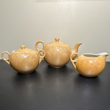 Peach Lusterware Japanese Teapot Creamer Sugar Bowl Set Vintage MCM