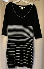 Max Studio Medium Sweater Dress Black White Striped Scoop Neck Knit 3/4 Sleeve