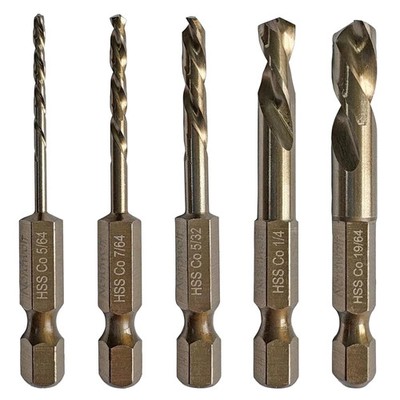 5-Piece M35 Cobalt Stubby Left Hand Drill Bit Set Reverse Twist with 1/4'' Hex...