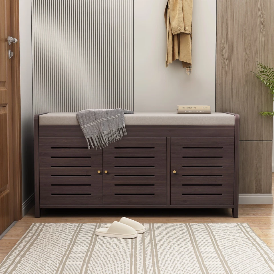 Shoe Storage Bench, Solid Wood with Cushion, Multi-Compartment Organizer, Modern - Image 3 of 4