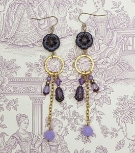Authentic Bohemian Purple Cottagecore Floral Charms Glass In Long Gold Plated Earrings