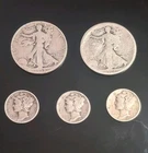 90% Silver 5 Coin Lot 2 Walking Liberty Half Dollar + 3 Mercury Dimes 90% Silver