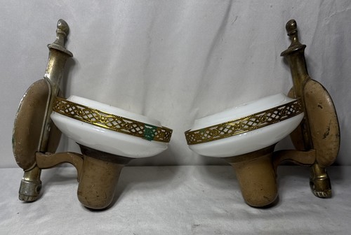 Vtg Wall Sconce Pair Art Deco Lincoln Light Fixture Glass Slip Shade USA. MCM