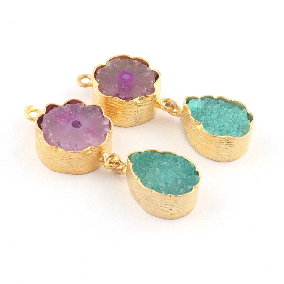 Par de conectores para artesanato faça você mesmo pedra preciosa de quartzo solar natural folheada a ouro amarelo - Imagem 2 de 4