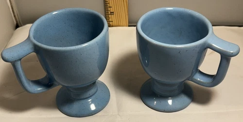 2 Vintage Frankoma Pottery Blue Plainsman C13 Footed Pedestal Cups Mugs