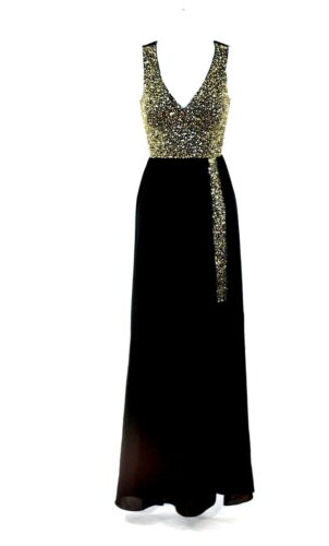 Lypsy schwarz/gold Pailletten V Ausschnitt Maxi besondere Anlässe Abendkleid UK 8 UVP 160 £