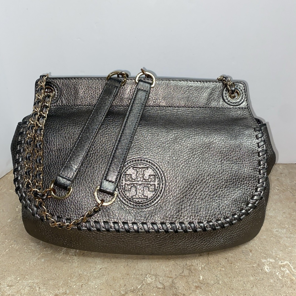 Tory Burch Marion Whipstitch Leather Saddle Bag Metallic Pewter