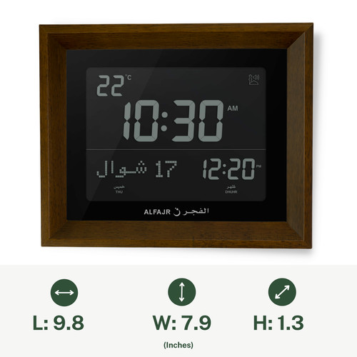 Alfajr CF-19 Black Clock with Detachable Azan Clock Solid Wood Dark Brown Frame - Picture 5 of 8