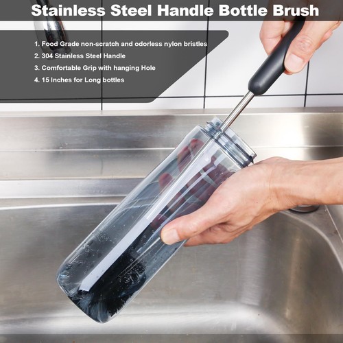 Water Bottle Brush, 15 Inches Long Stainless Steel Handle Bottle Brush Cleane... - Picture 2 of 7