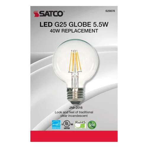Satco S29878 LED Filament Globe Clear G25 5.5W 40W Medium E26 2700K Warm White - Picture 5 of 9