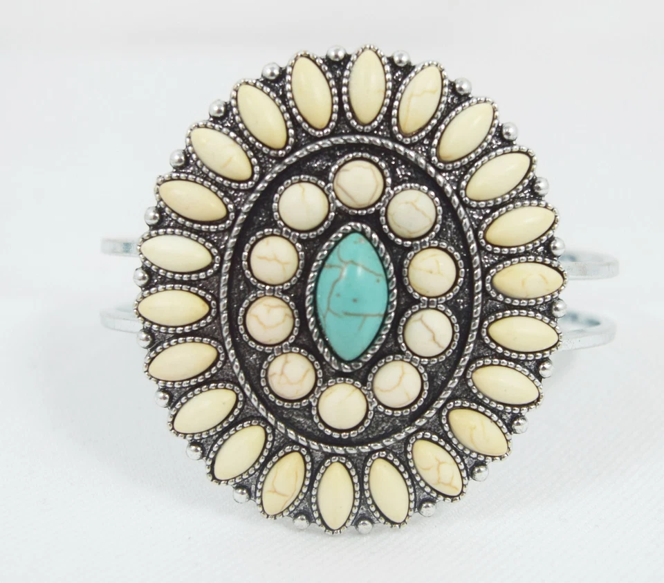 Pulsera con bisagra Southwestern Bohemian azul blanco imitación turquesa flor de calabaza  Foto 2 de 4