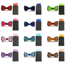 Men's Solid Satin Pre-tied Bowtie 4 Folds Pre-folded Hanky Handkerchief Set