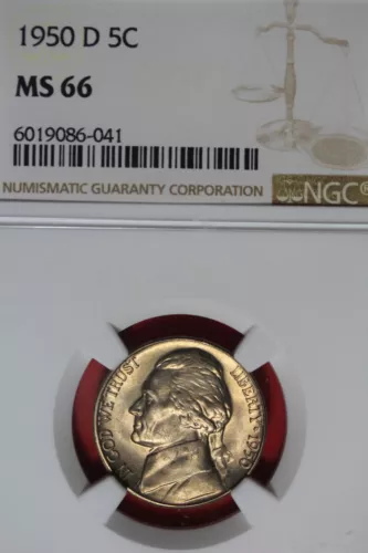 1950 D- NGC 5 MS66 JEFFERSON NICKEL #B48666