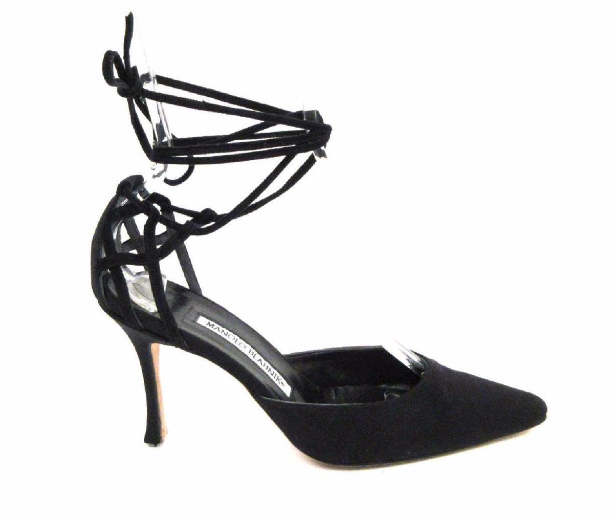 【関税&送料込】Manolo Blahnik With Heel MANOLO BLAHNIK BLACK SATIN & SUEDE CAGED HEEL ANKLE WRAP D