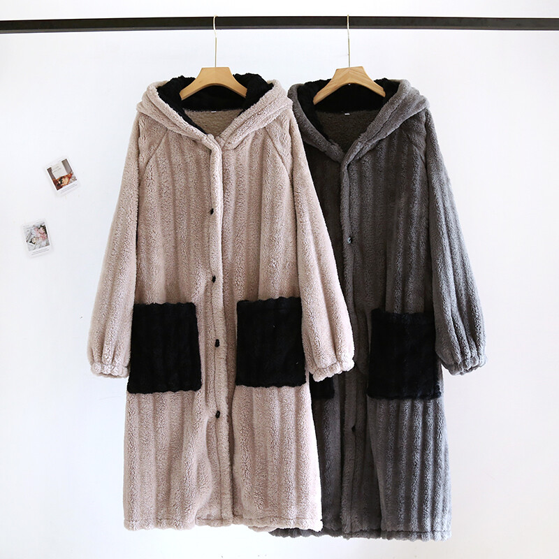 ladies hooded dressing gown Women Button Flannel Fleece Bathrobe Nightgown Loungewear pcat-207